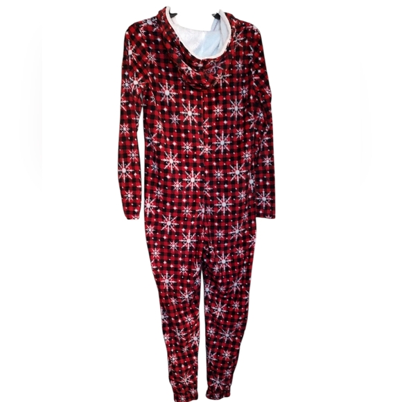 New Snowflake Red Buffalo Plaid Hooded Adult Winter Christmas Onesie PJs Small - Picture 4 of 10